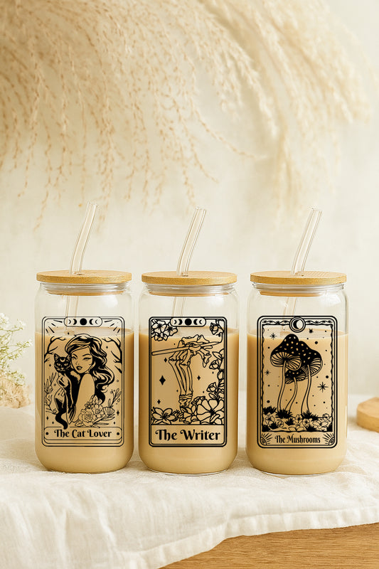 Mystical Tarot Cards Themed Glass Tumbler, Witchy Aesthetic Cup