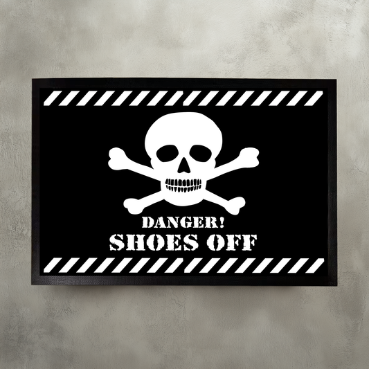 Edgy Skull Housewarming Gift, Warning! Shoes Off Mat, Entryway Rug