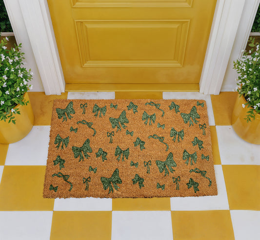 Festive Holiday Bow Pattern Coquette Doormat, Housewarming Gift Xmas Rug