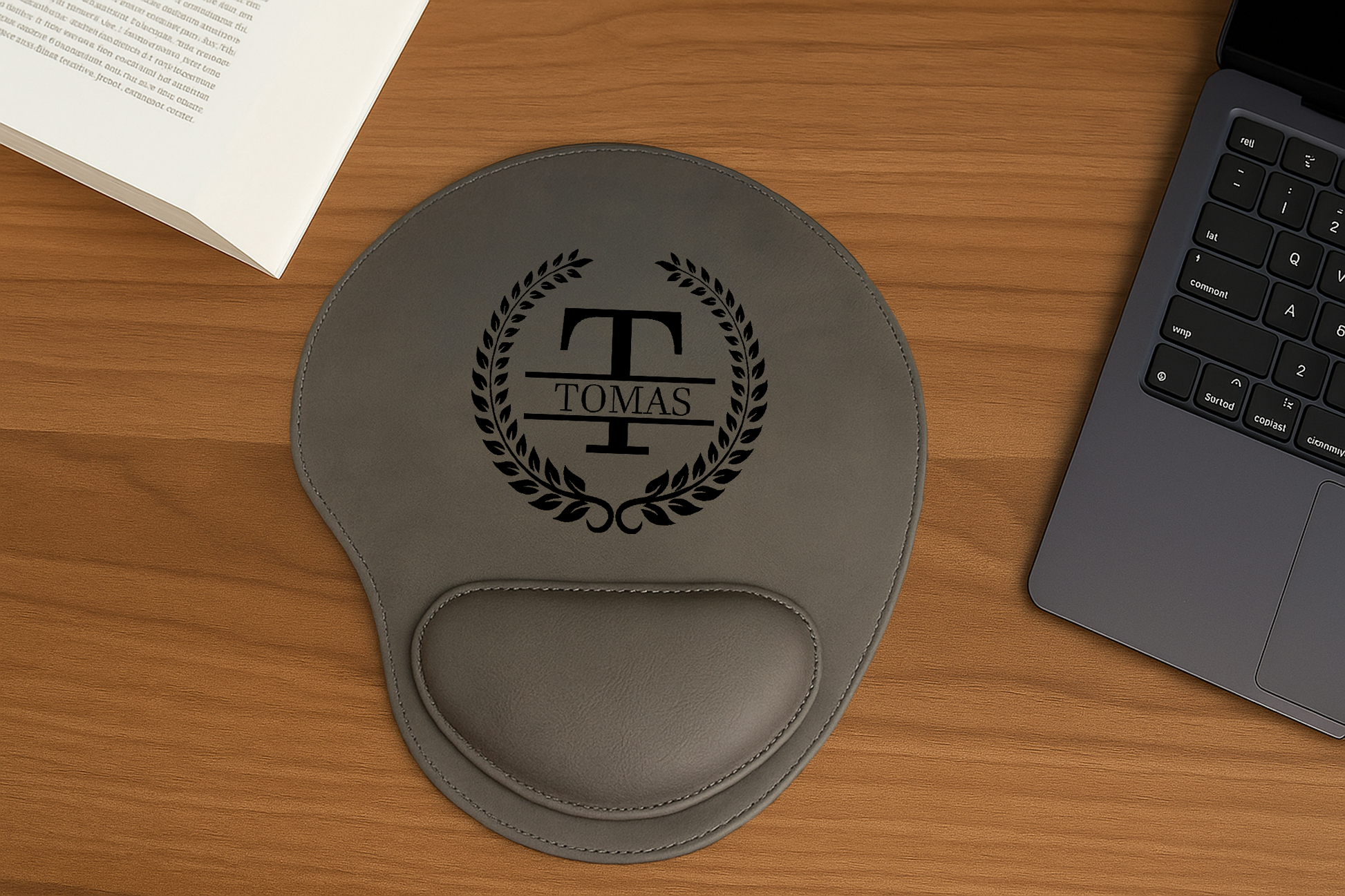 Laser Engraved Custom Name Leather Mouse Pad, Ergonomic Floral Design
