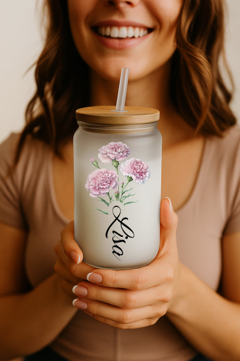 Personalized Birth Flowers Glass Tumbler, Birthday Gift Bamboo Lid