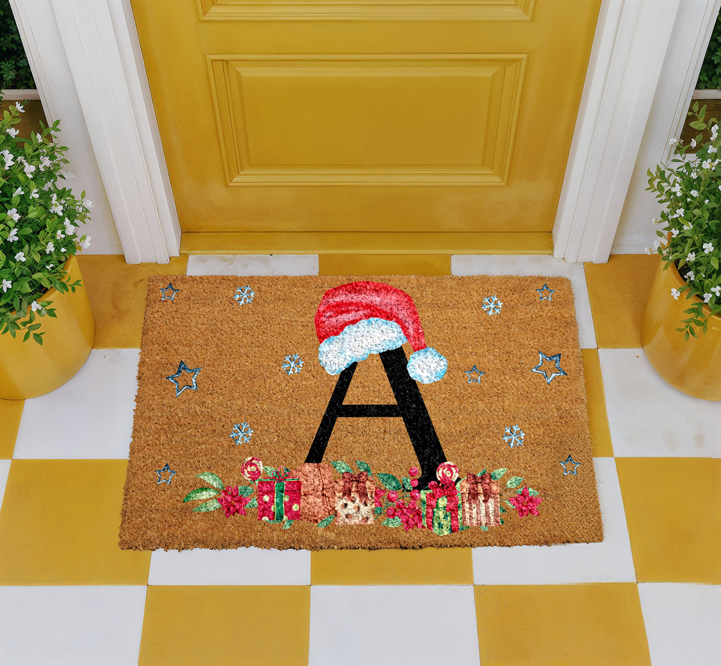 Santa Hat Initial Welcome Mat, Personalized Christmas Monogram Doormat