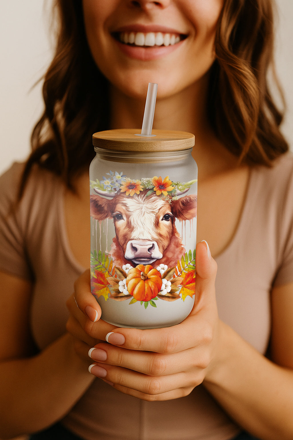 Floral Cow and Pumpkins Design Tumbler, Eco-Friendly, Autumn Style