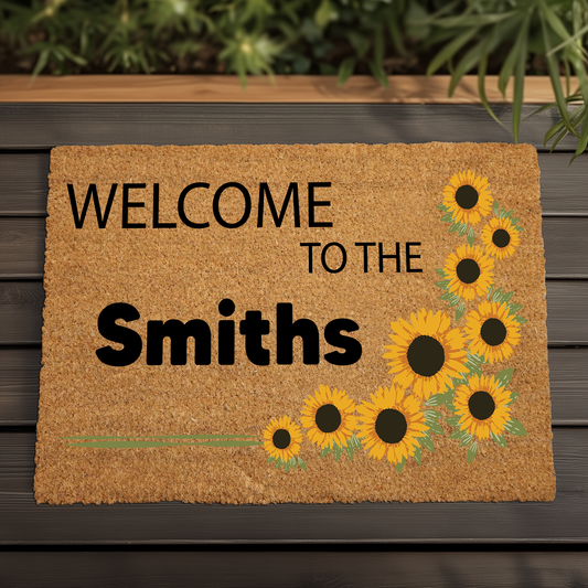 Custom Sunflower Welcome Doormat: Personalized Coir Entryway Mat for Bright Homes