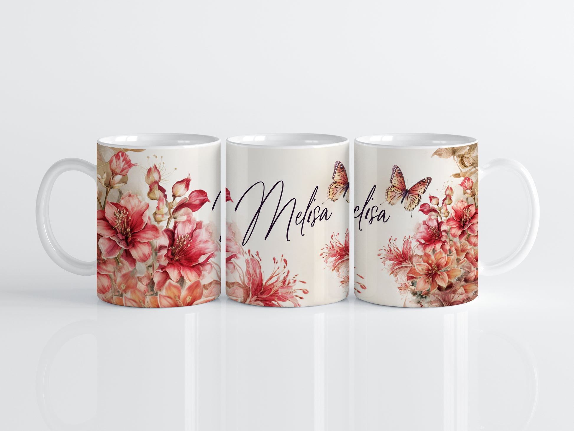 Custom Botanical Name Mug, Personalized Floral Ceramic Cup, Vibrant Butterfly