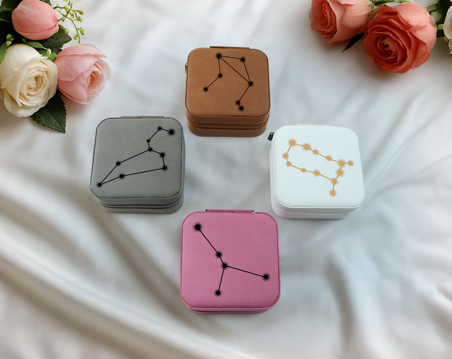 Zodiac Sign Jewelry Box, Travel Organizer - Engraved Vegan Leatherette