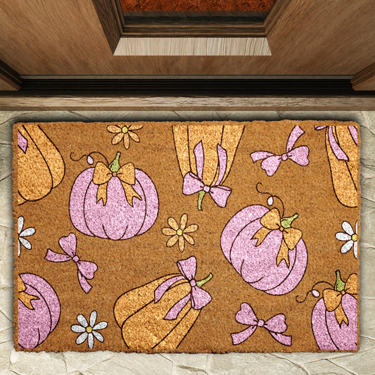Coquette Bow Pumpkin Doormat: Cute Fall Decor for Autumn Welcomes