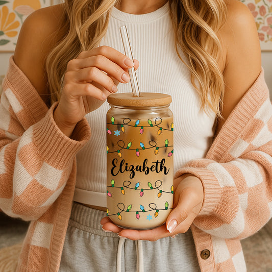 Personalized Christmas Lights Can Glass Tumbler, Festive Gift for Her