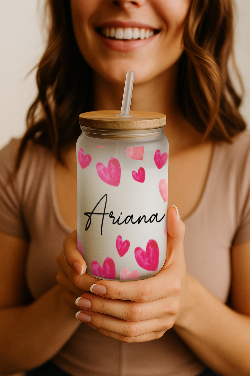 Personalized Iced Coffee Cup, Heart Print Can Glass, Eco-Friendly Tumbler