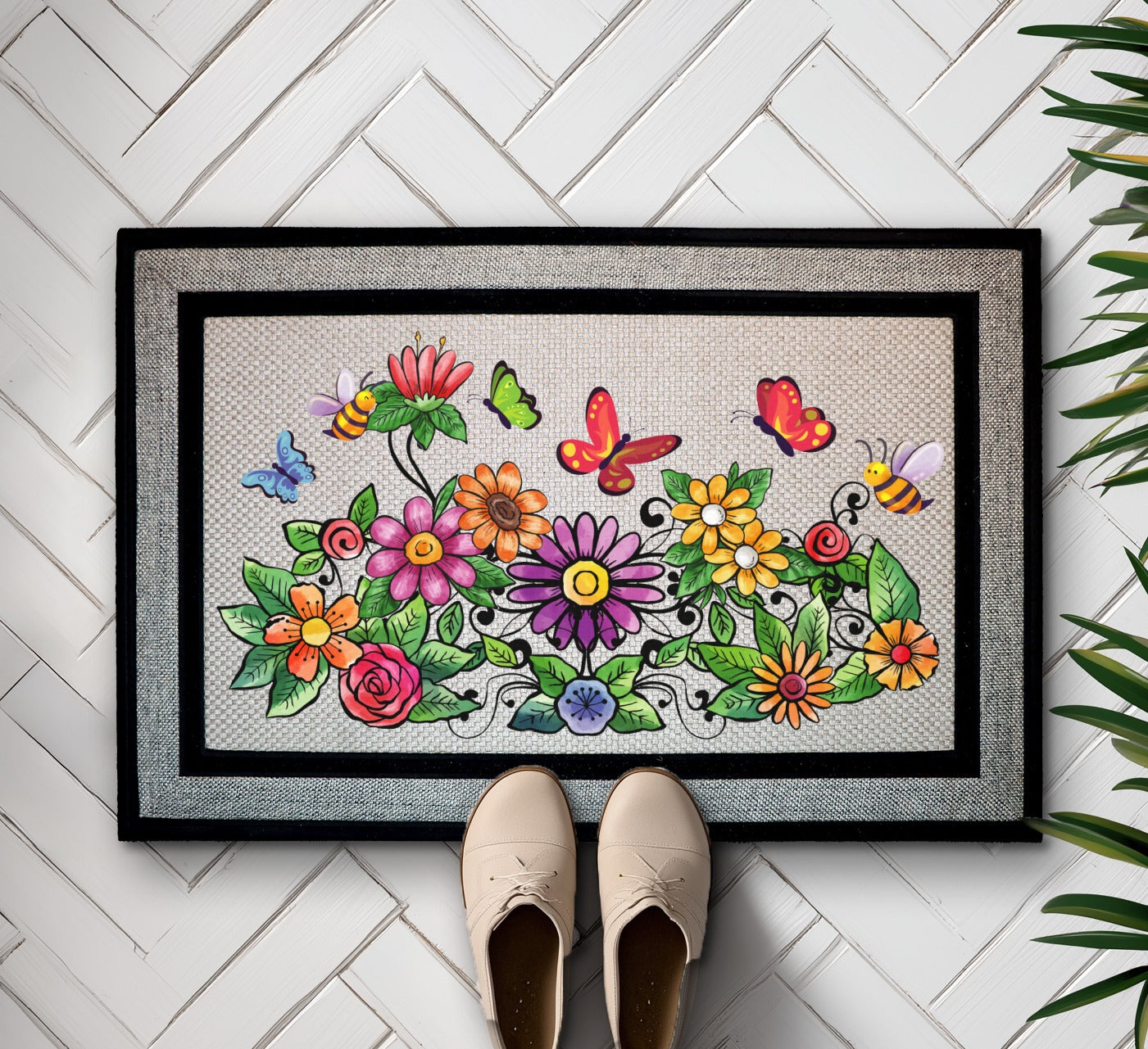Vibrant Spring Porch Rug, Welcome Home with Colorful Garden Wildflowers