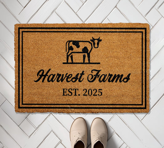 Custom Farmhouse Welcome Mat, Personalized for Cow Decor & Housewarming.