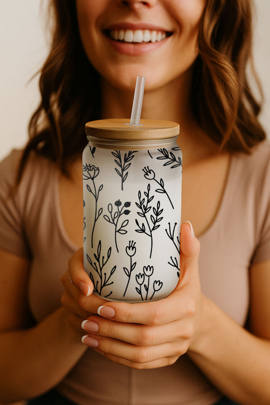 Aesthetic Wildflower Glass Mug, Cottagecore Smoothie Cup, Nature Lover Gift