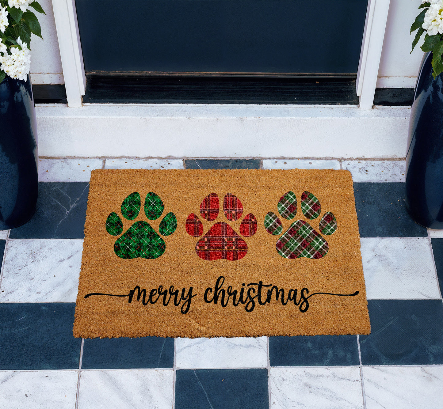 Paw Print Plaid Doormat, Dog Mom Winter Decor, Pet Welcome