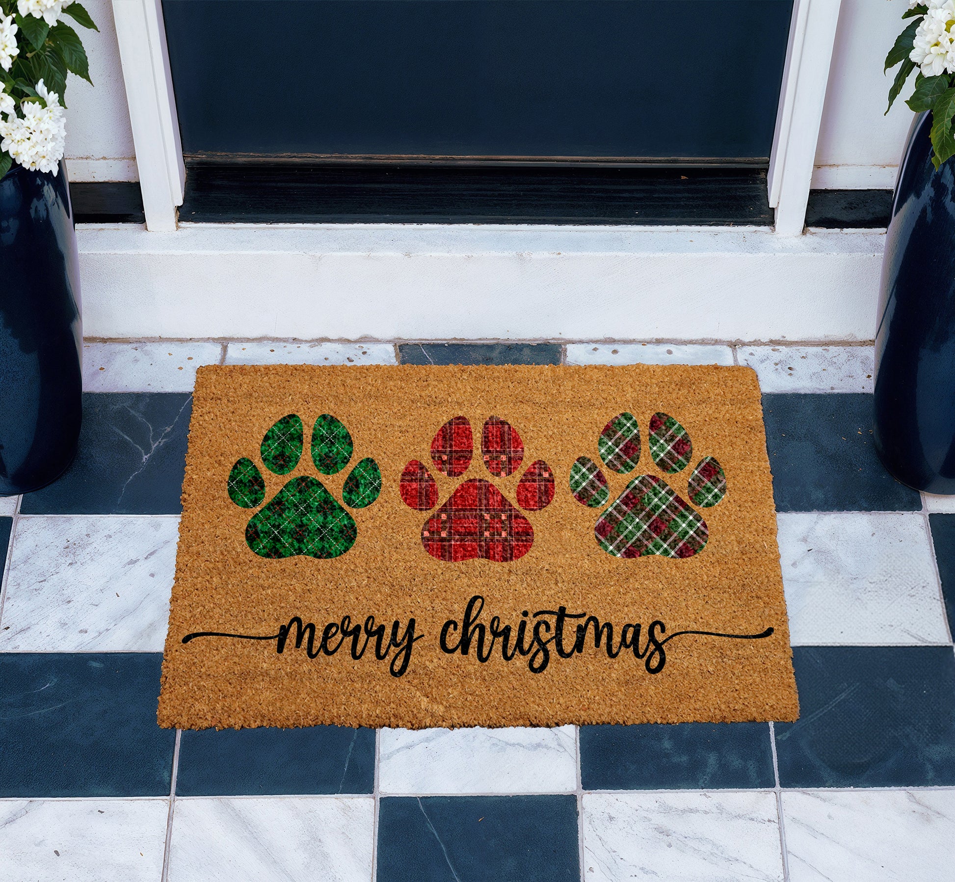 Paw Print Plaid Doormat, Dog Mom Winter Decor, Pet Welcome