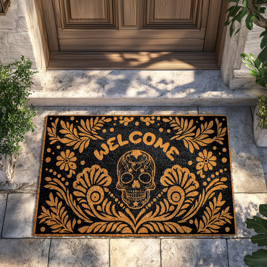 Gothic Floral Sugar Skull Welcome Doormat, Perfect Skeleton Halloween Decor