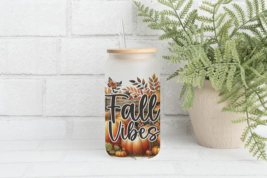 Fall Vibes Glass Cup: Pumpkin Spice Latte, Butterflies Theme.