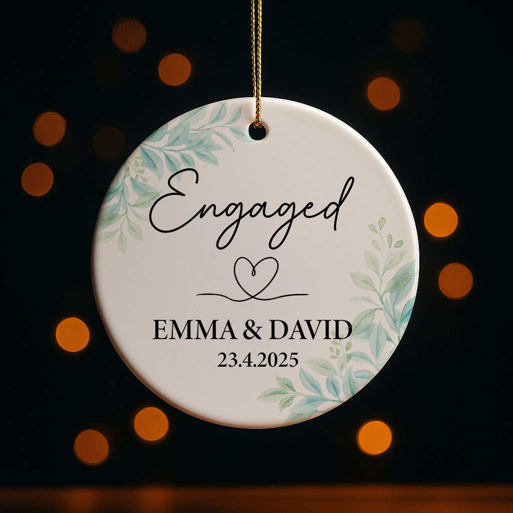 Floral Engaged Couple's Ornament, Personalized 2025 Christmas Keepsake.