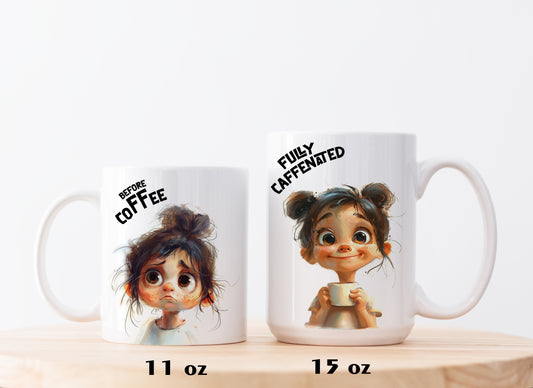 Fully Caffeinated Ceramic Office Mug, Funny Before & After Tea Cup
