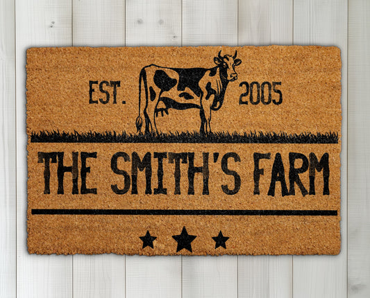 Custom Farmhouse Welcome Mat, Personalized Cow Farmer Gift, Ranch Decor