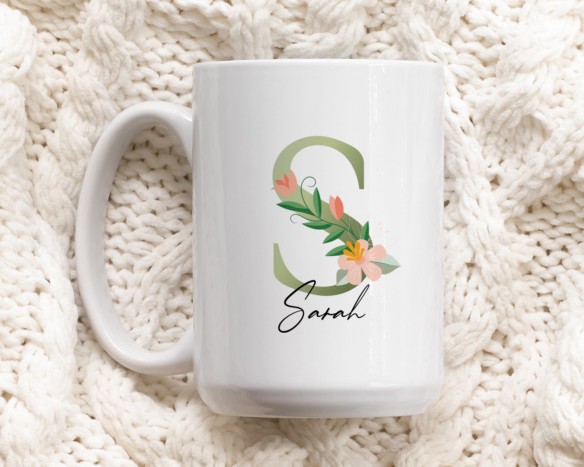 Personalized Ceramic Tea Cup, Floral Initials Coffee Mug, Elegant Monogram