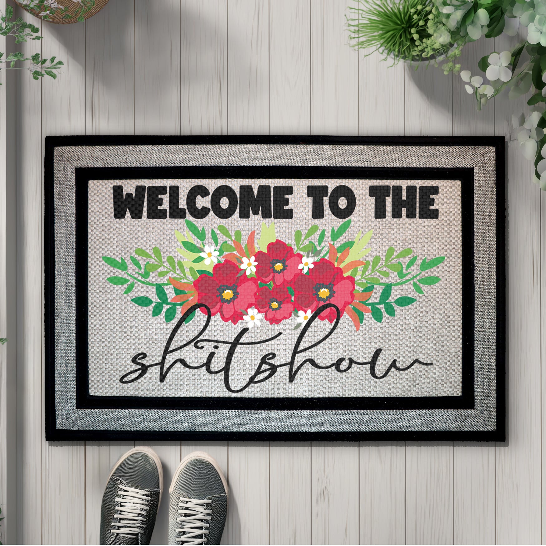 Redefine Your Entryway with Our Funny Floral Doormat, Red Flower