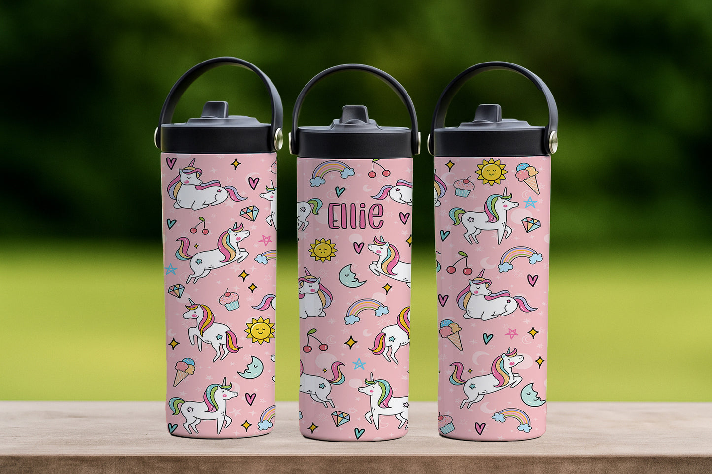 Custom Pink Tumbler, Pony Rainbow Water Bottle - Back To School