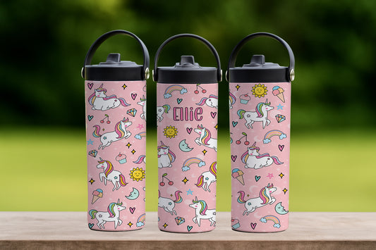 Custom Pink Tumbler, Pony Rainbow Water Bottle - Back To School