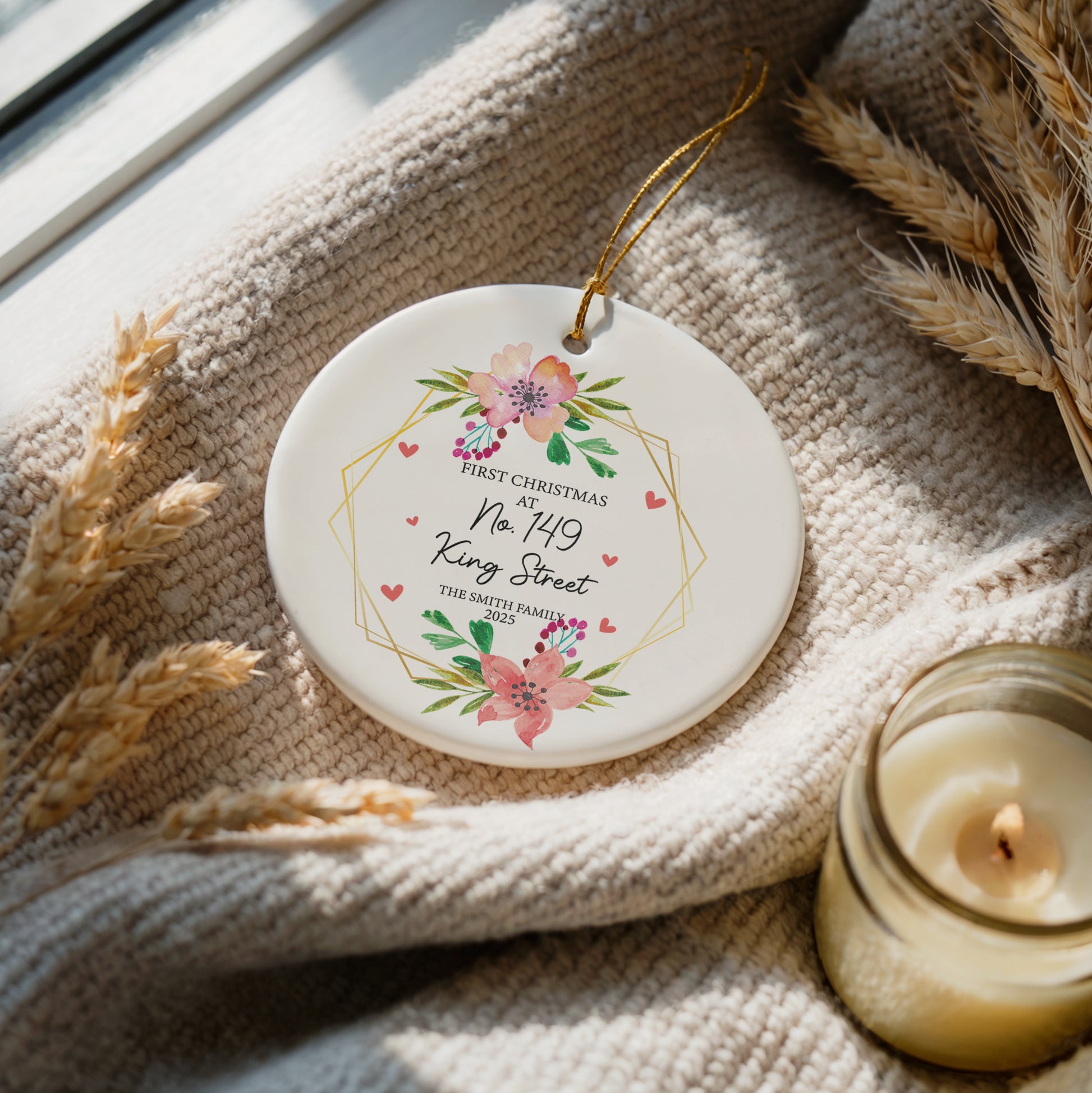 Personalized New Address Family Christmas Ornament, Floral Ceramic Keepsake