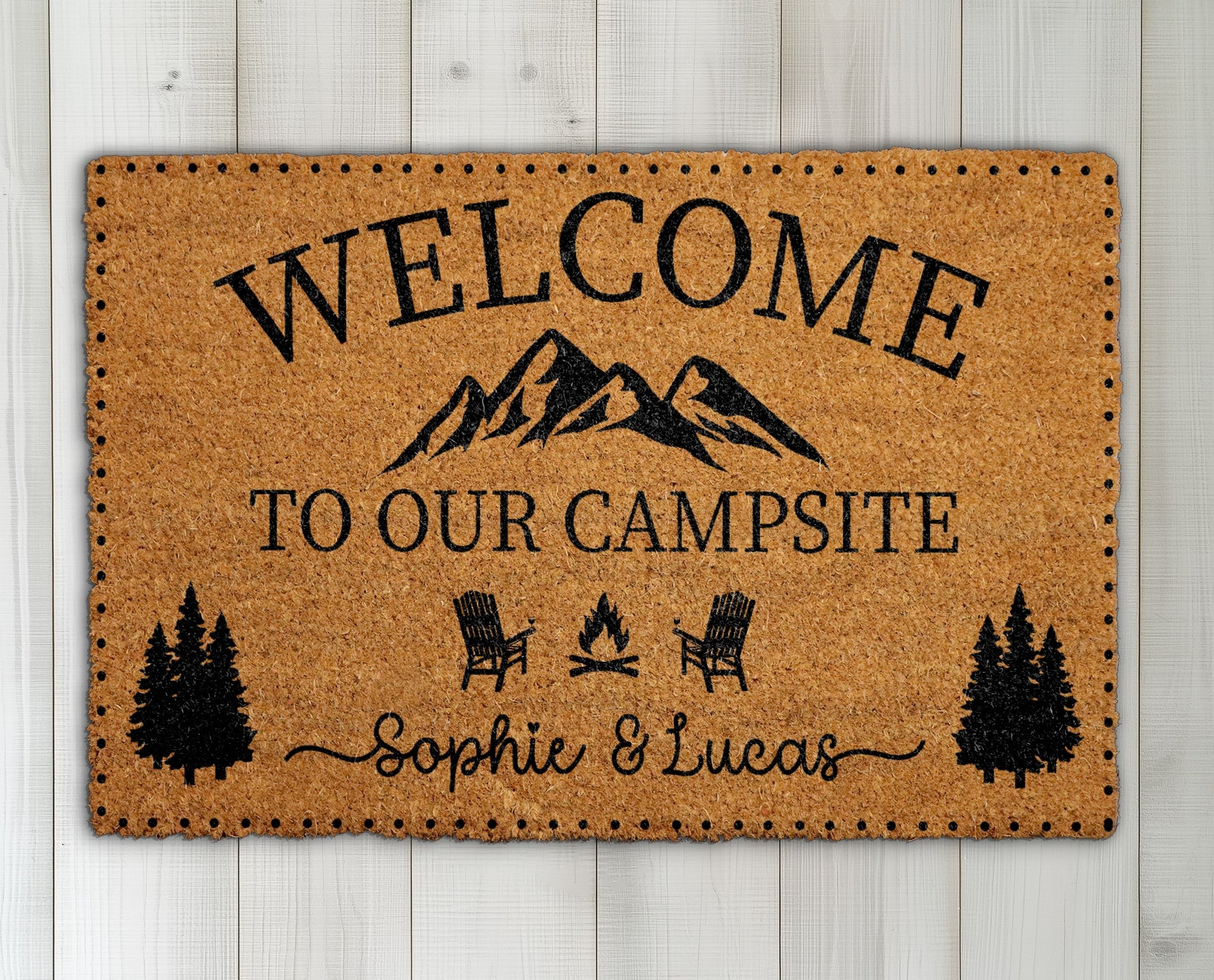 Personalized Couple's Welcome Mat, Mountain & Campfire Doormat for Glamping