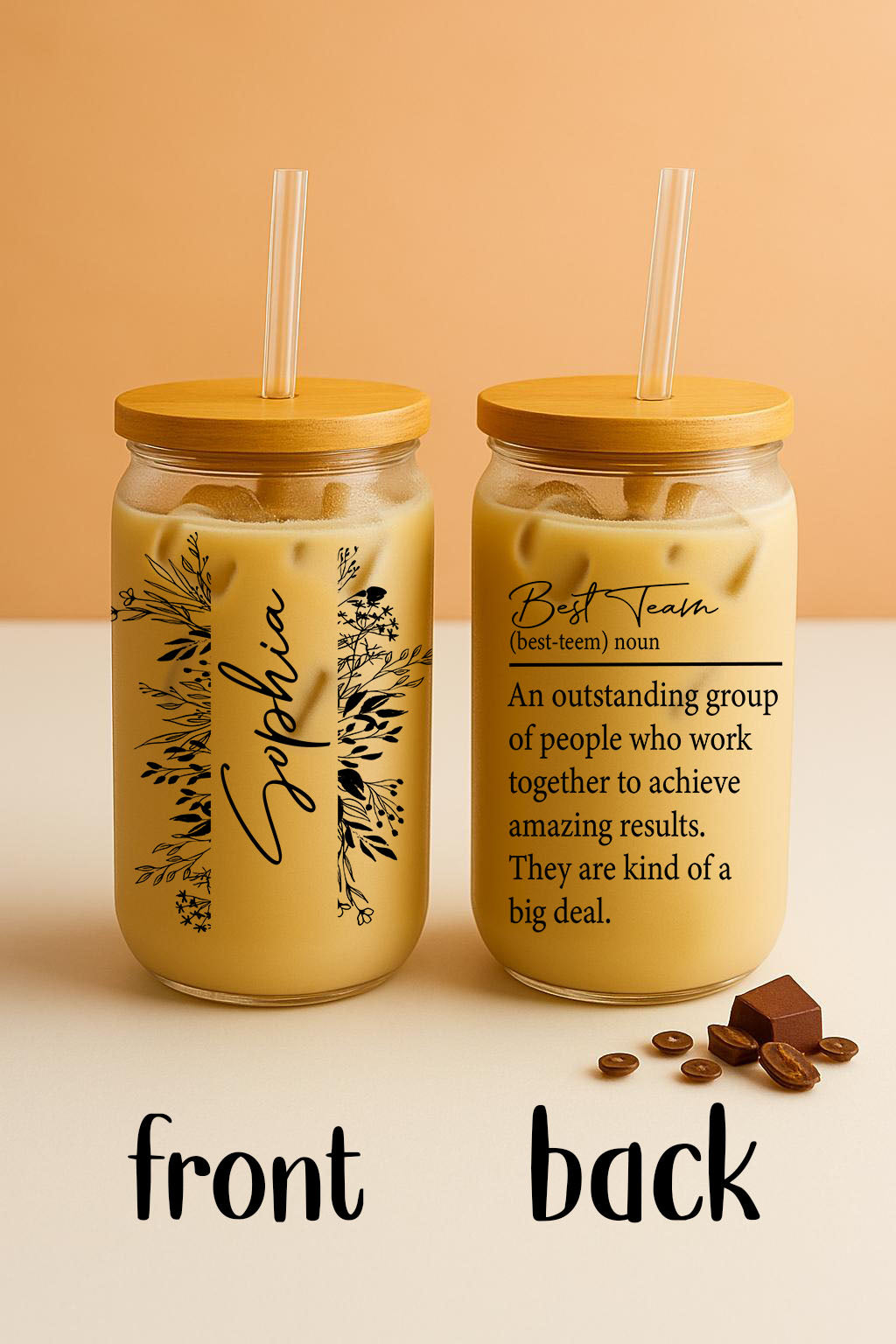 Floral Personalized Team Can Glass Tumbler, Motivation Iced Coffee Cup