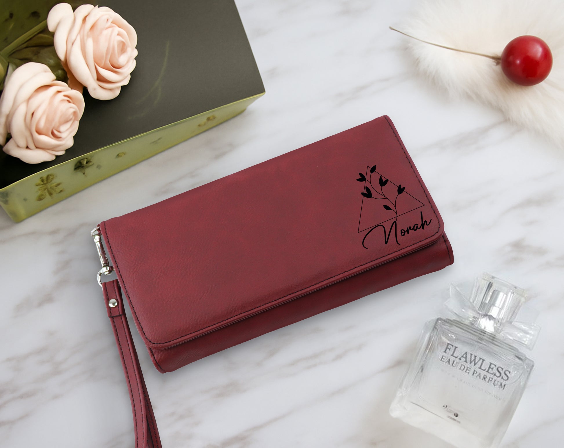 Custom Engraved Vegan Leather Wristlet, Minimalist Boho Wallet for Her