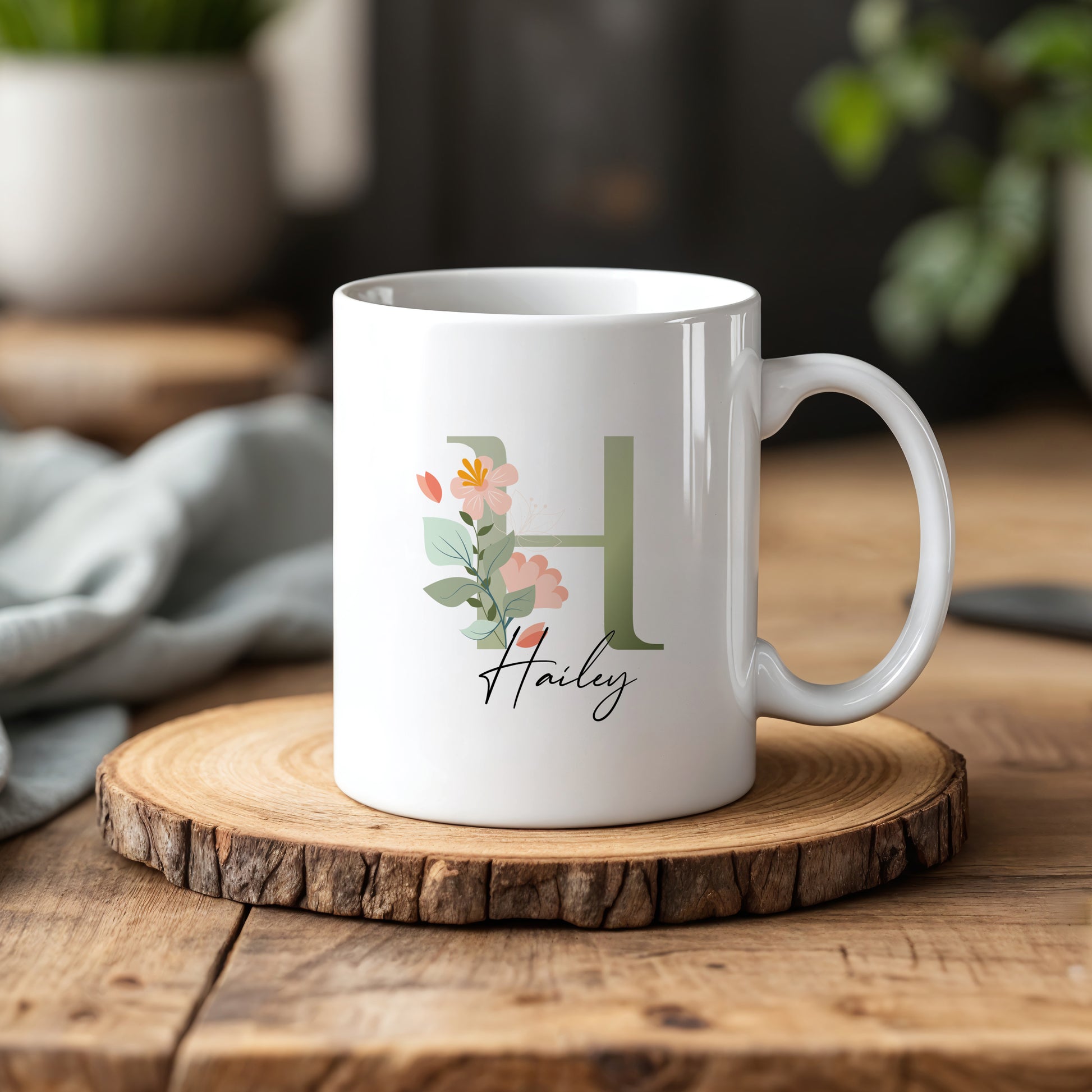 Personalized Ceramic Tea Cup, Floral Initials Coffee Mug, Elegant Monogram