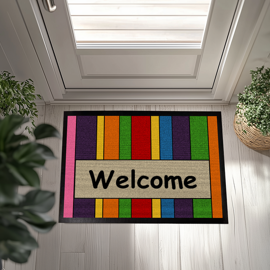 Vibrant Rainbow Striped Doormat, Modern Boho Pride Month Decor Gift