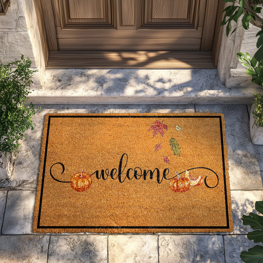 Fall Fun: Pumpkin Welcome Doormat, Cute Leaves - Happy Halloween