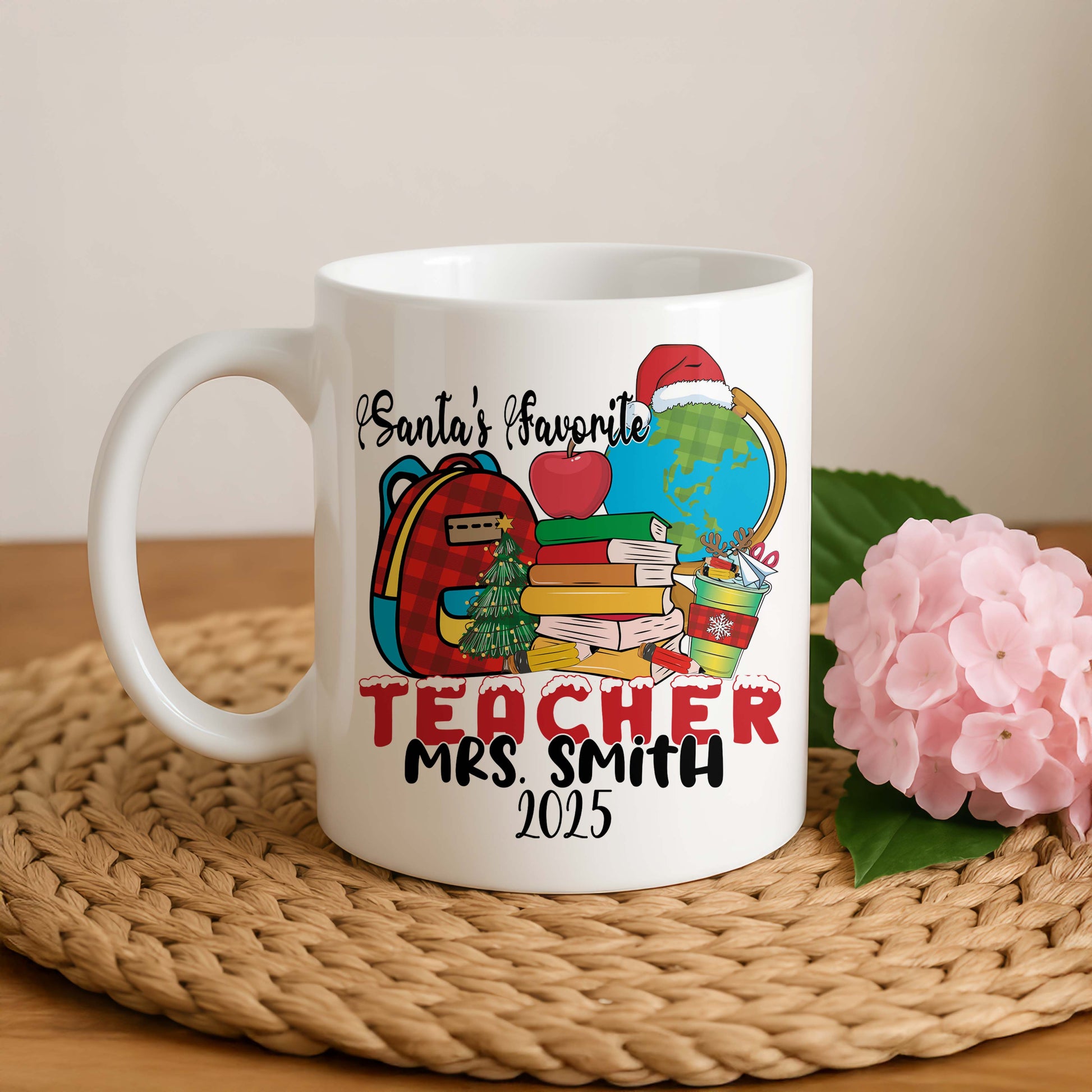 Personalized Christmas Santa Teacher Mug, Festive Xmas Gift in Colorful Design