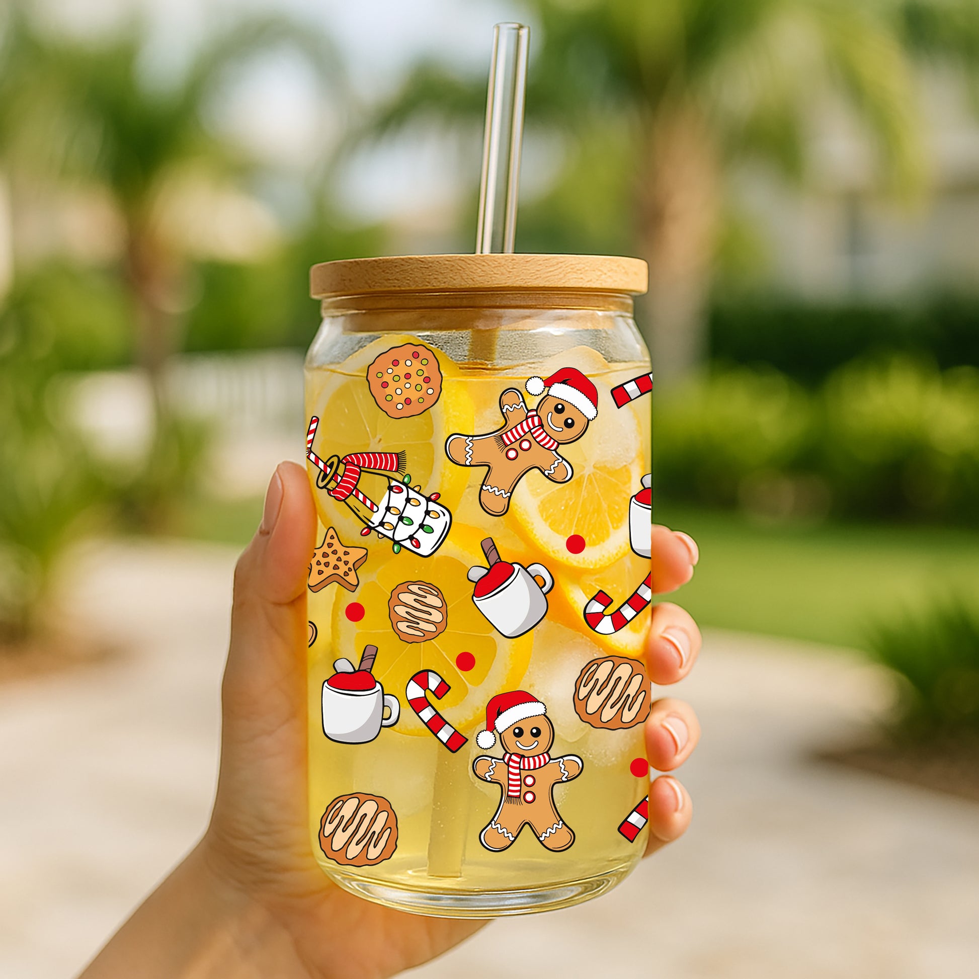 Cute Gingerbread Man Pattern Glass Tumbler, Adorable Christmas Cookie Design