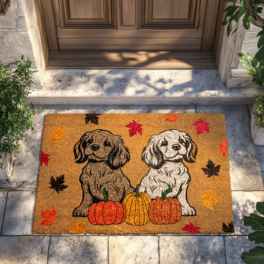 Autumn Dog Lovers Welcome Mat, Fall Leaves & Pumpkins Decor