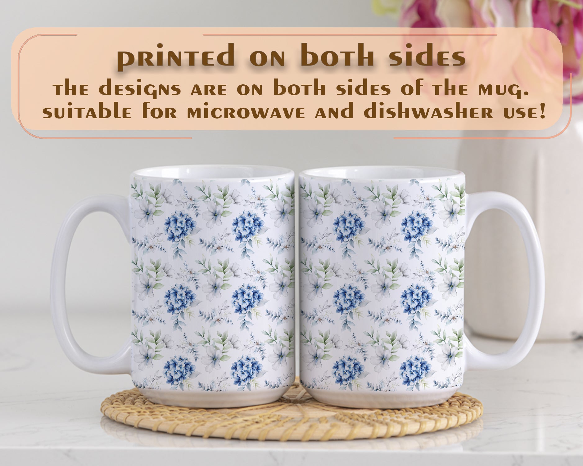 Elegant Blue Hydrangea Floral Mug, Vintage Botanical Coffee Cup for You