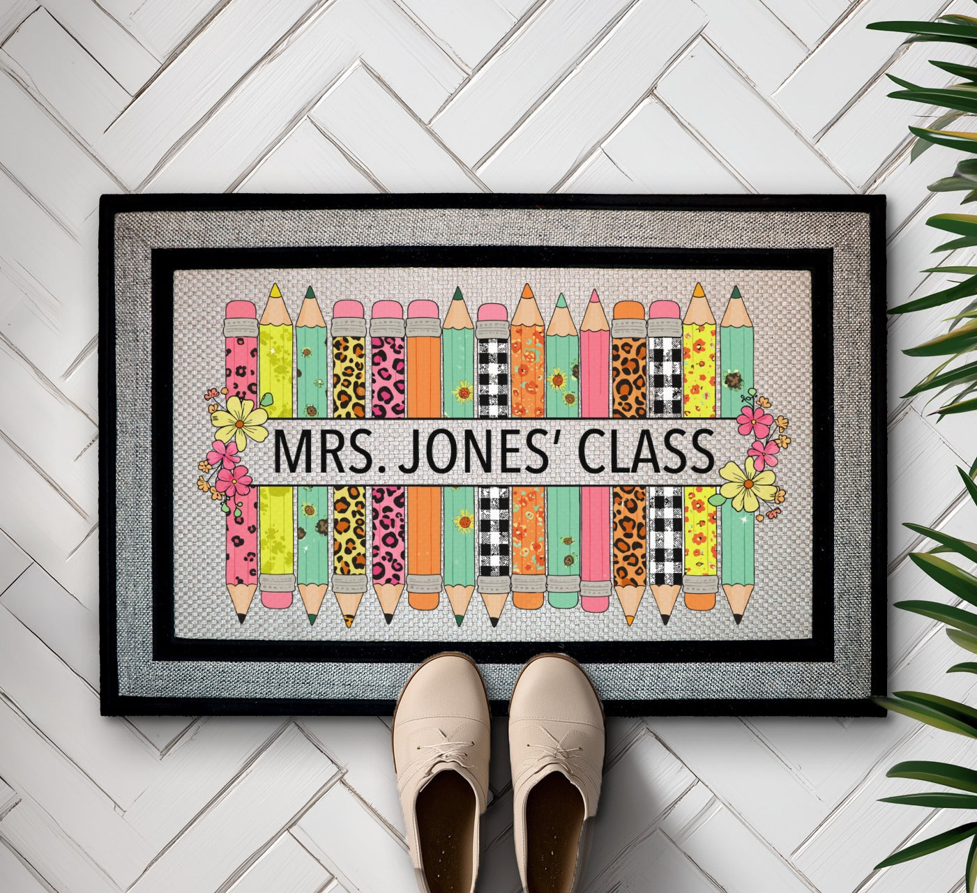 Personalized Teacher Doormat, Appreciation Gift for Classroom Decor, Pencil Design