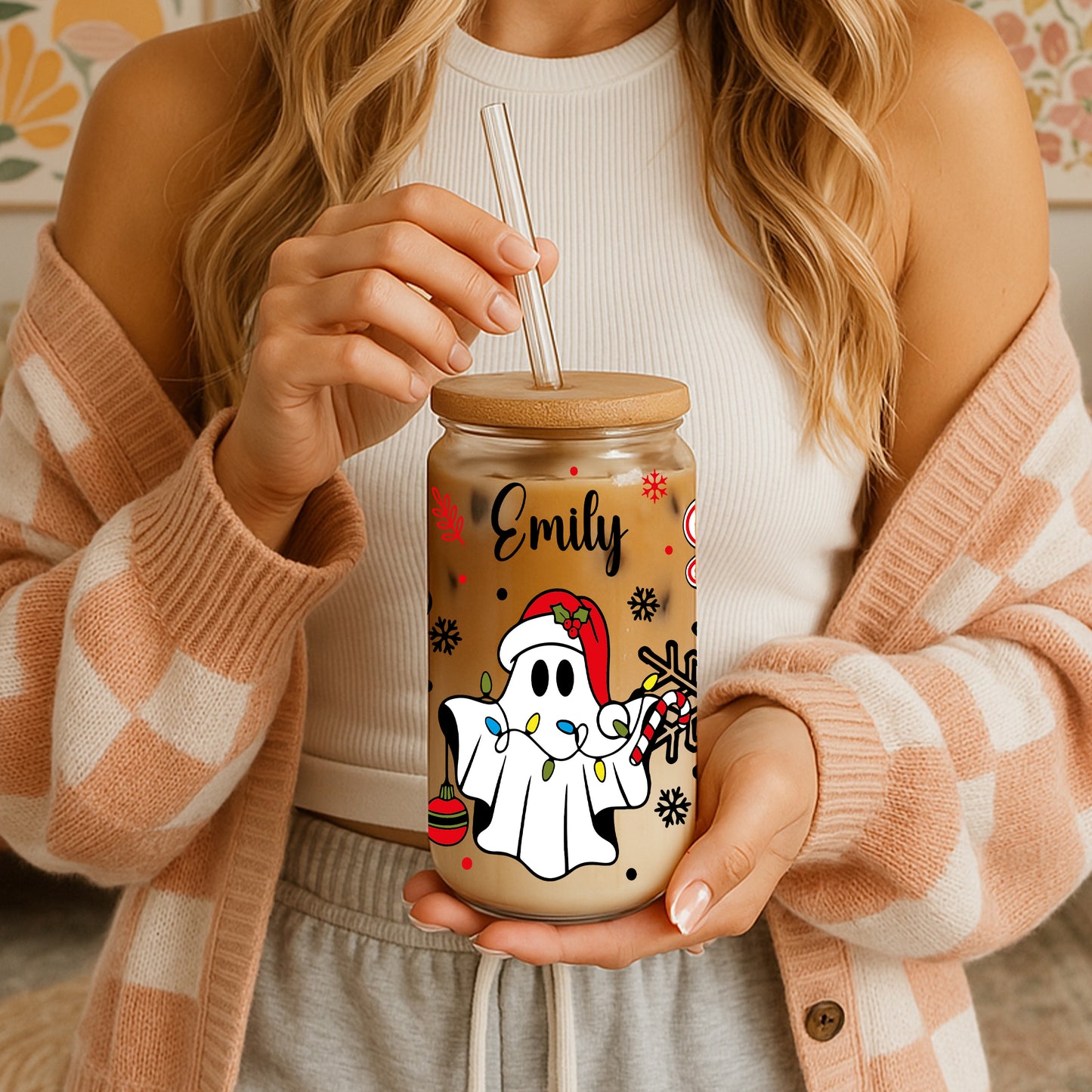 Gingerbread & Snowflake Pattern Can Glass Tumbler, Personalized Holiday Favors