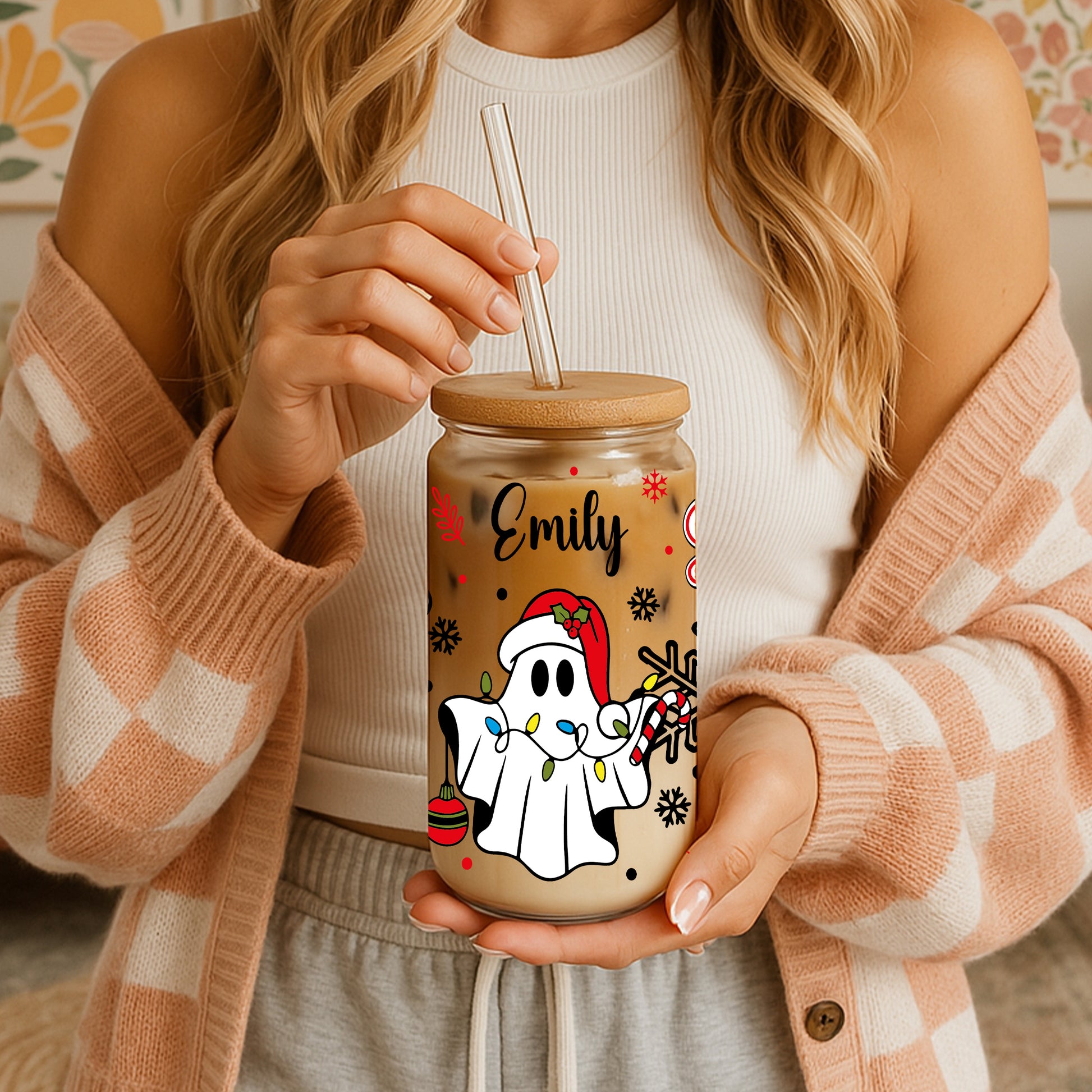 Gingerbread & Snowflake Pattern Can Glass Tumbler, Personalized Holiday Favors