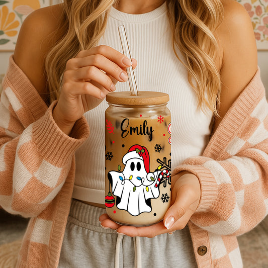 Gingerbread & Snowflake Pattern Can Glass Tumbler, Personalized Holiday Favors