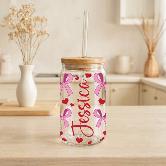 Custom Hearts And Bows Glass Tumbler Cup, Personalized Iced Coffee.