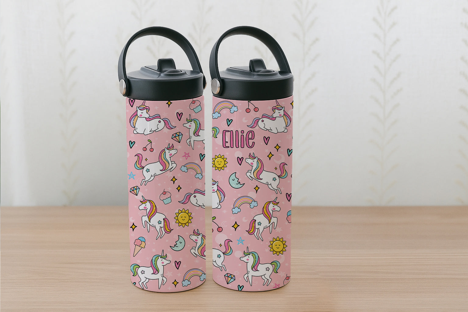 Custom Pink Tumbler, Pony Rainbow Water Bottle - Back To School