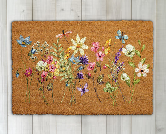 Watercolor Wildflowers Coir Doormat, Floral Front Porch Mat, Home Decor,
