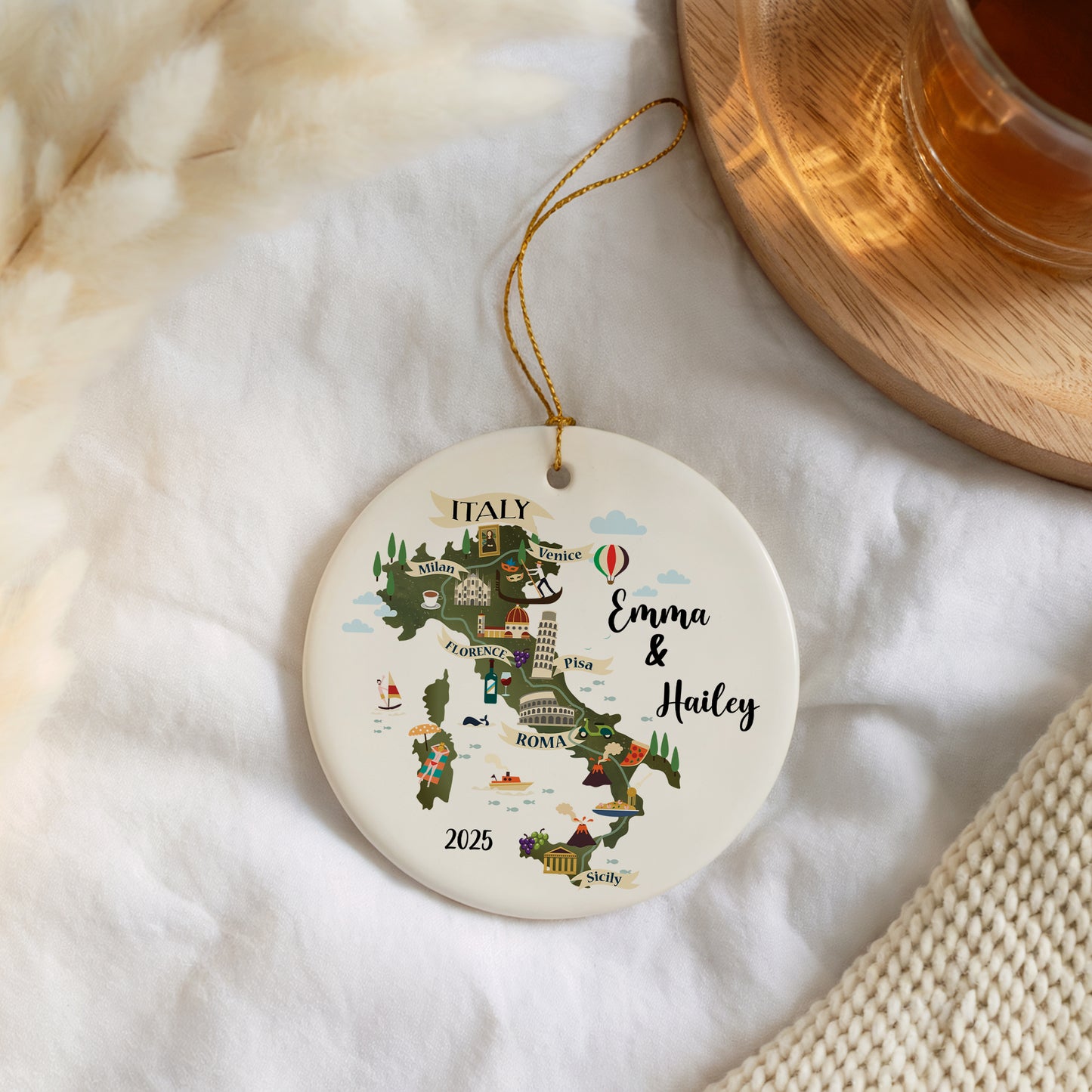 Personalized Italy Map Ornament, Europe Travel Souvenir, Couple Honeymoon Gift