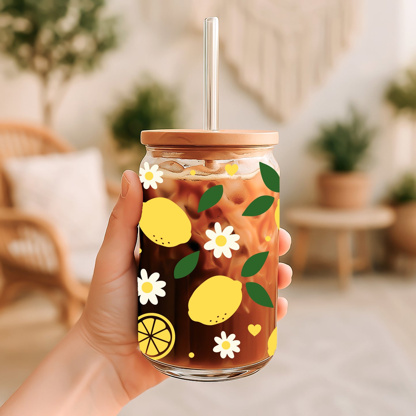 Lemon and Daisy Glass Cup, Vibrant Citrus Theme Tumbler, Kids Water Glass