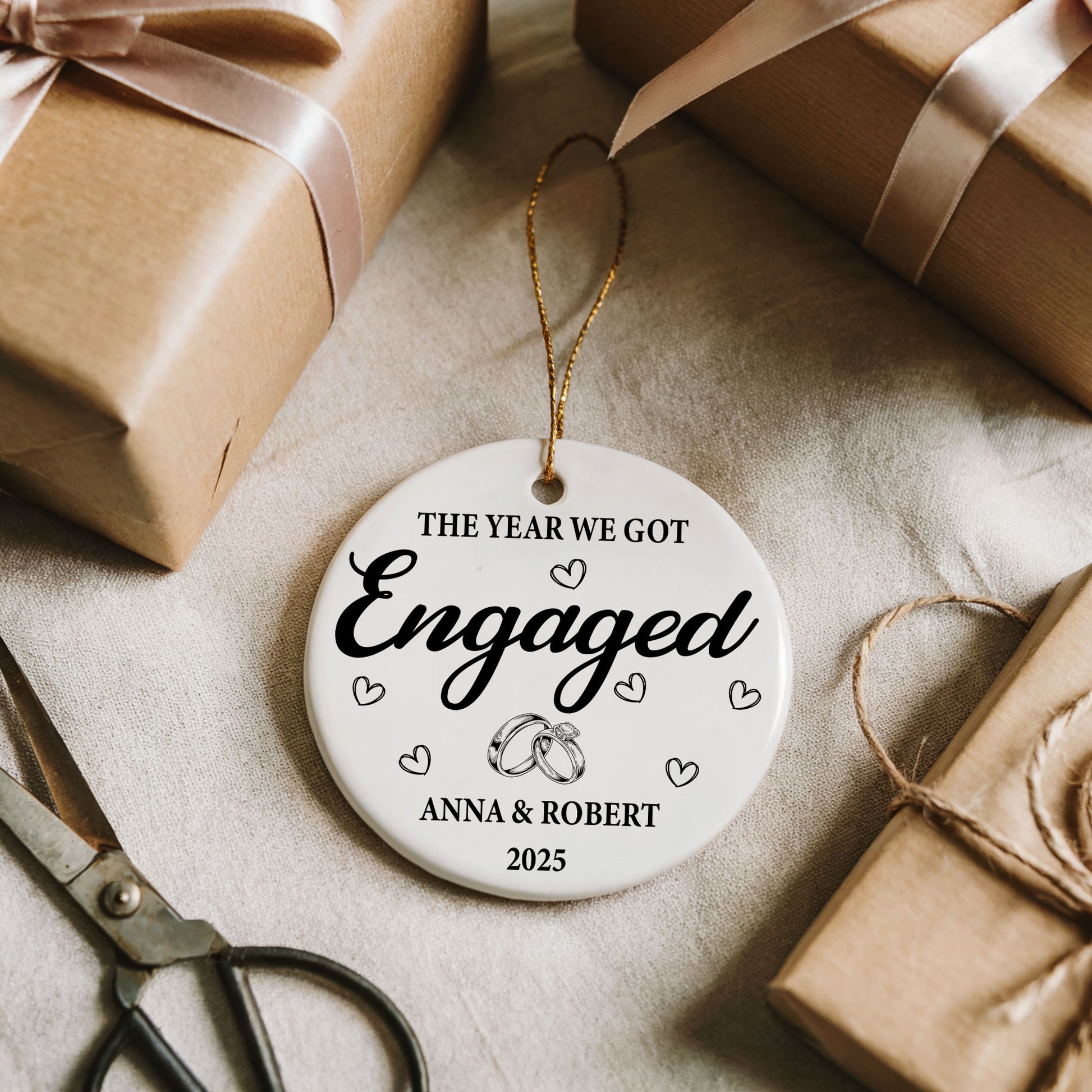 Celebrate Love: Personalized Engagement Year Ceramic Ornament, Elegant Keepsake Gift