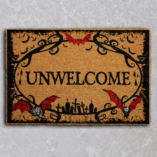 Gothic Bat Doormat, Spooky Vampire Welcome Mat for Halloween Decor.