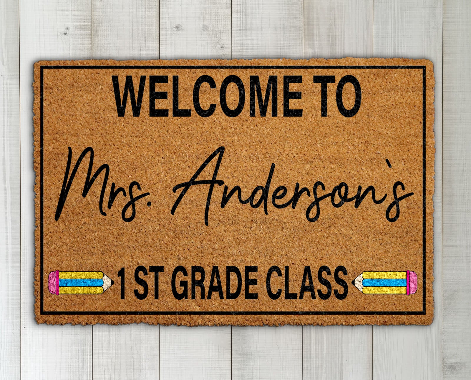 Personalized Teacher Doormat, Custom First Grade Classroom Welcome Mat